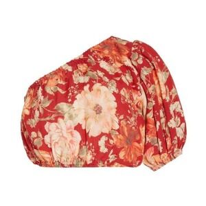 Posse Raquel Top Women S Red New Linen Blend Floral One Shoulder Crop